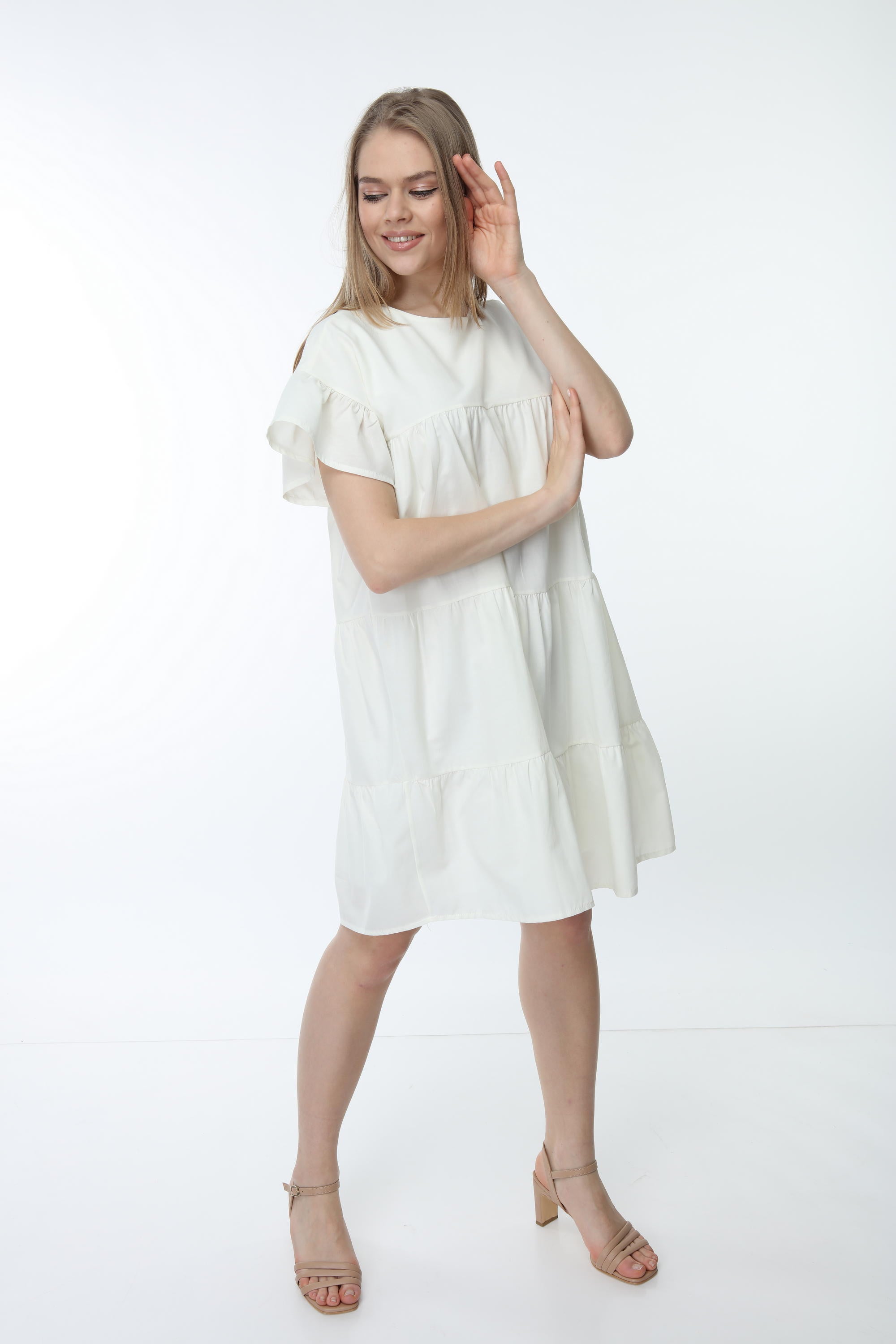 Ecru Crew Neck Sleeve Gathered Dress