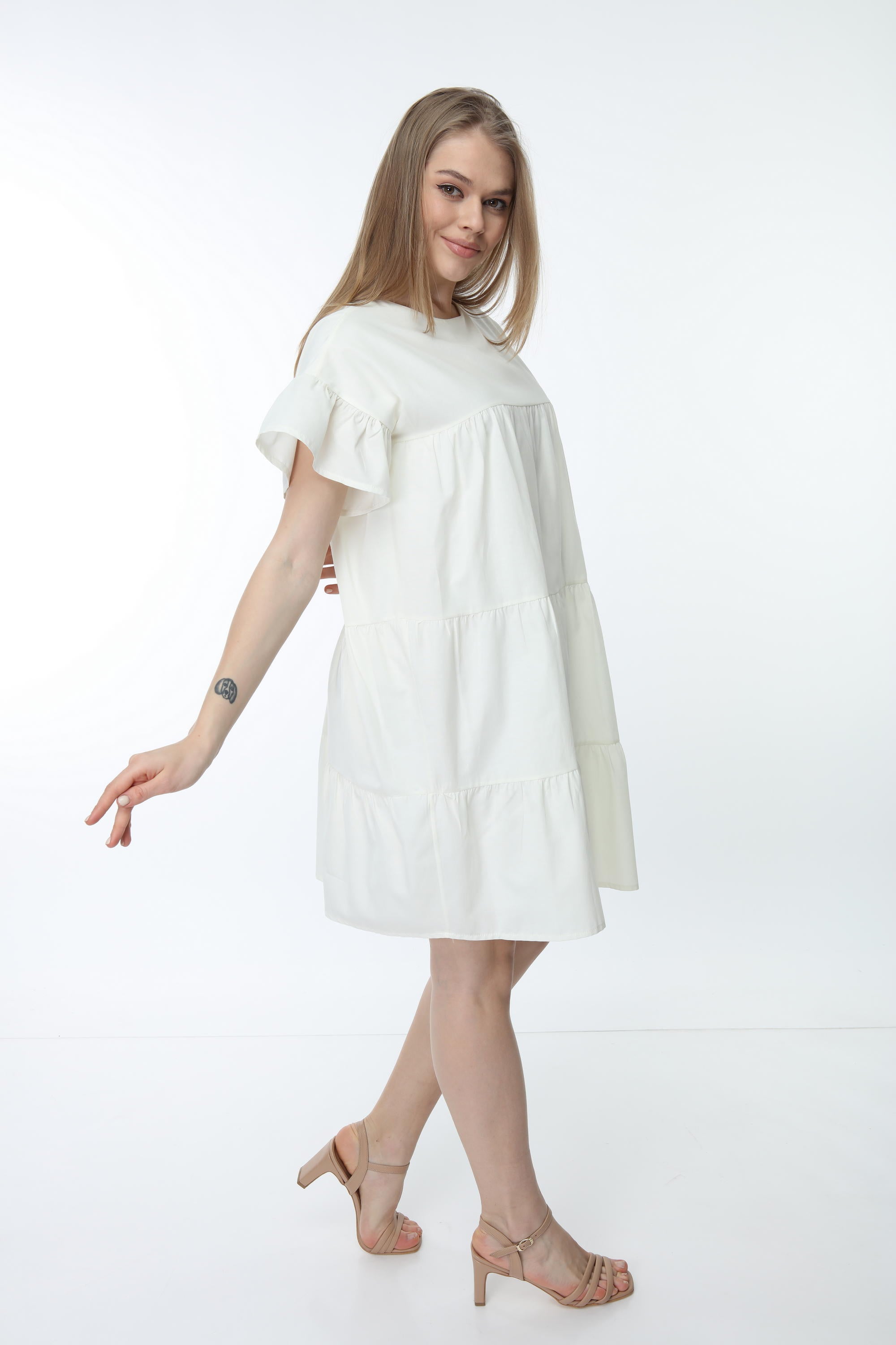 Ecru Crew Neck Sleeve Gathered Dress