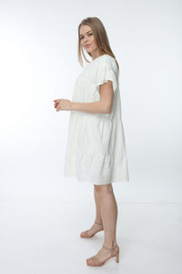 Ecru Crew Neck Sleeve Gathered Dress