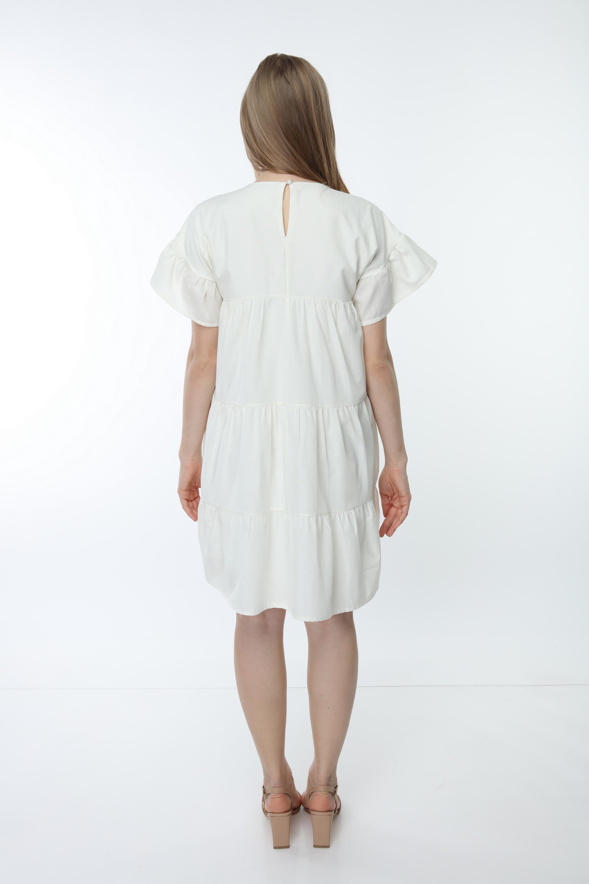 Ecru Crew Neck Sleeve Gathered Dress