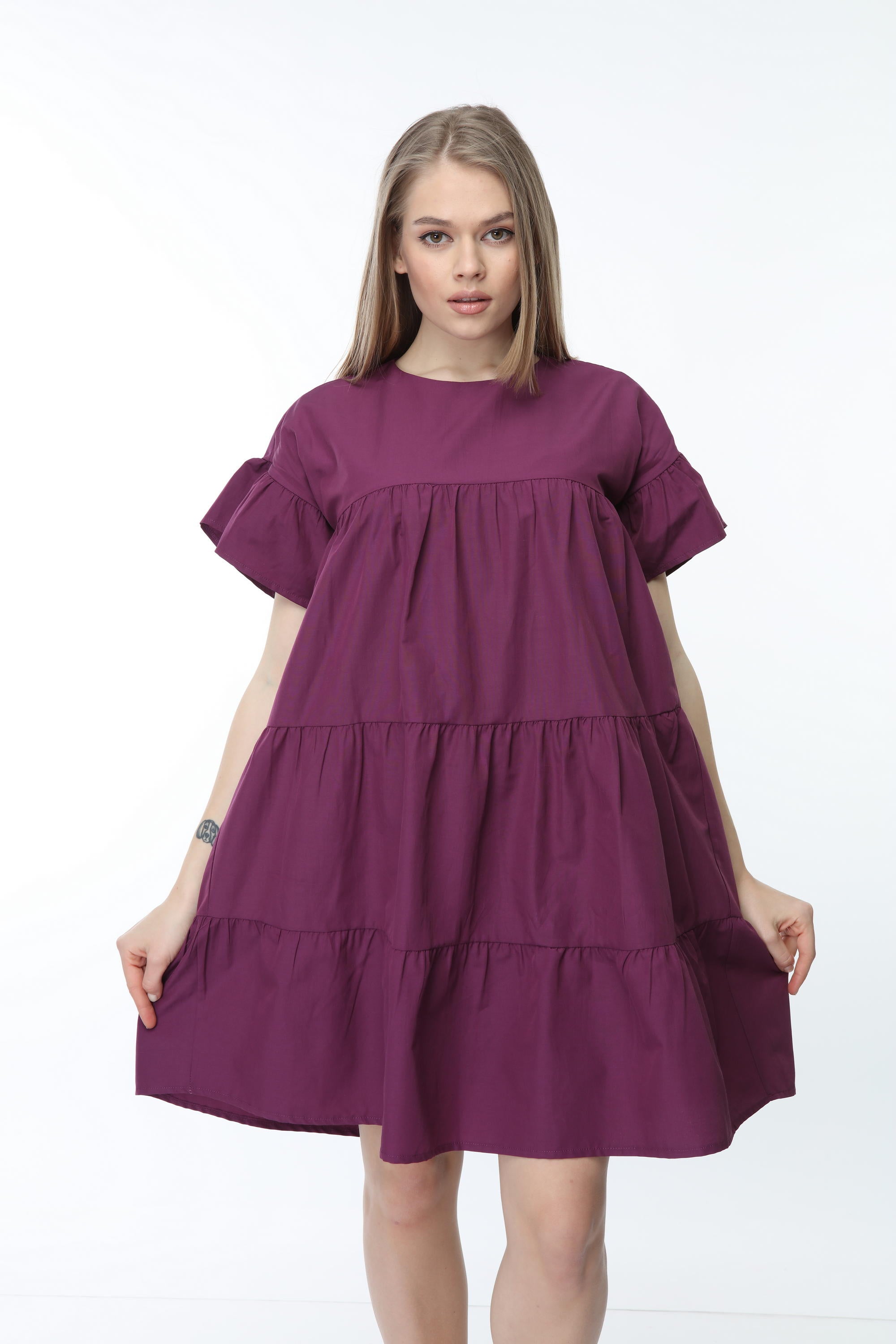 Purple Crew Neck Sleeve Gathered Dress