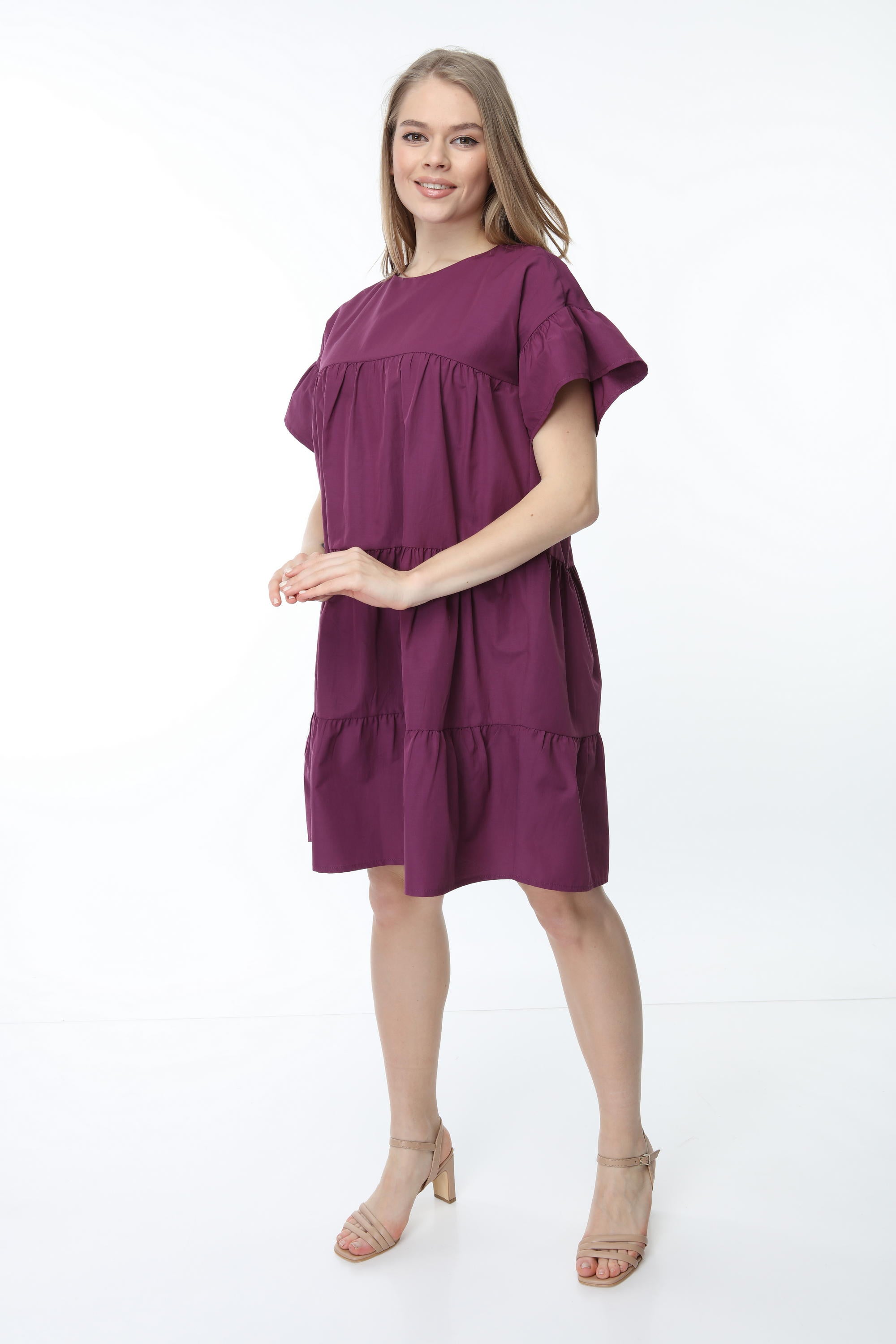 Purple Crew Neck Sleeve Gathered Dress