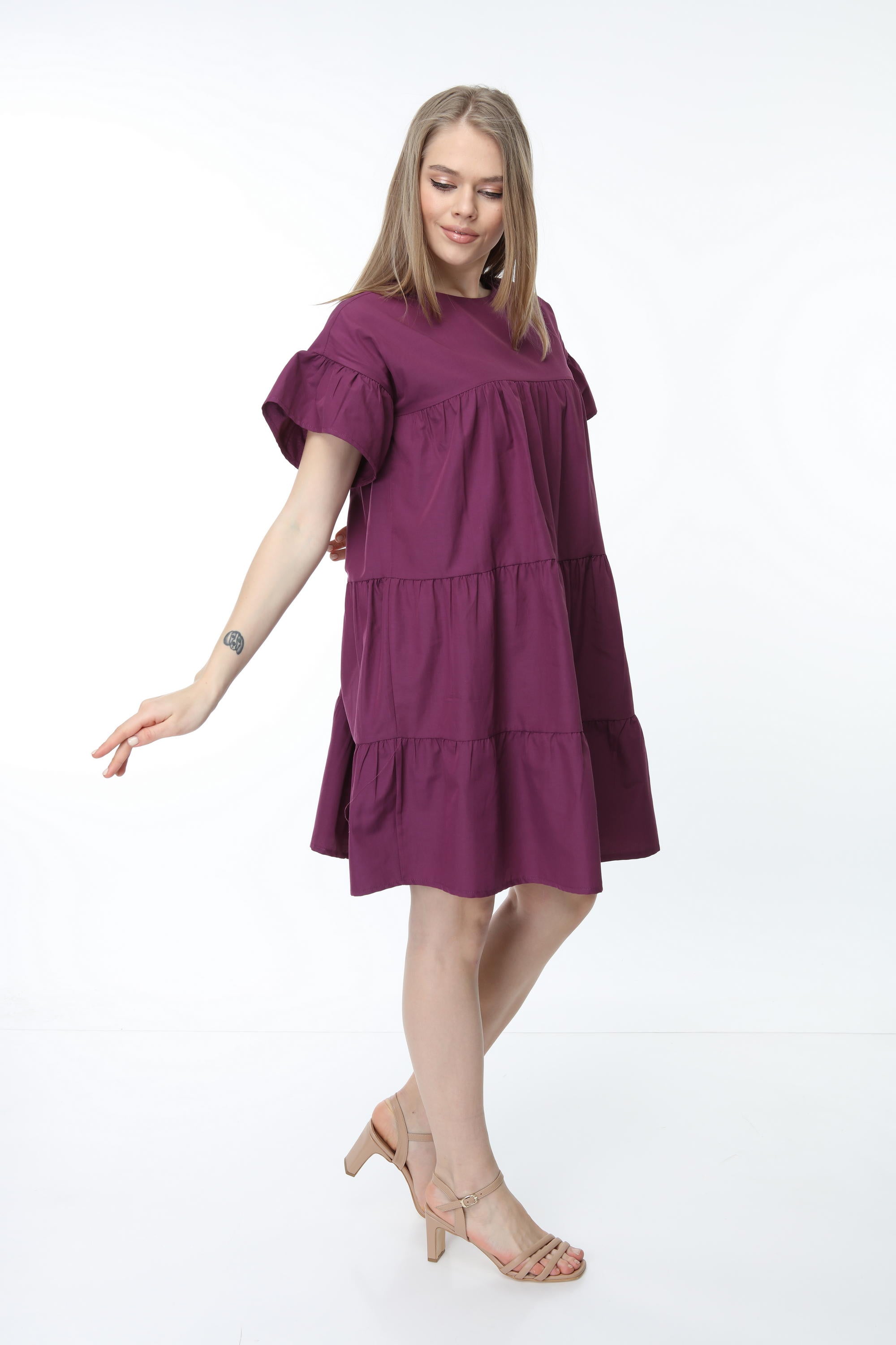 Purple Crew Neck Sleeve Gathered Dress