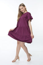 Load image into Gallery viewer, Purple Crew Neck Sleeve Gathered Dress
