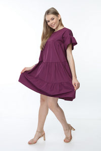 Purple Crew Neck Sleeve Gathered Dress