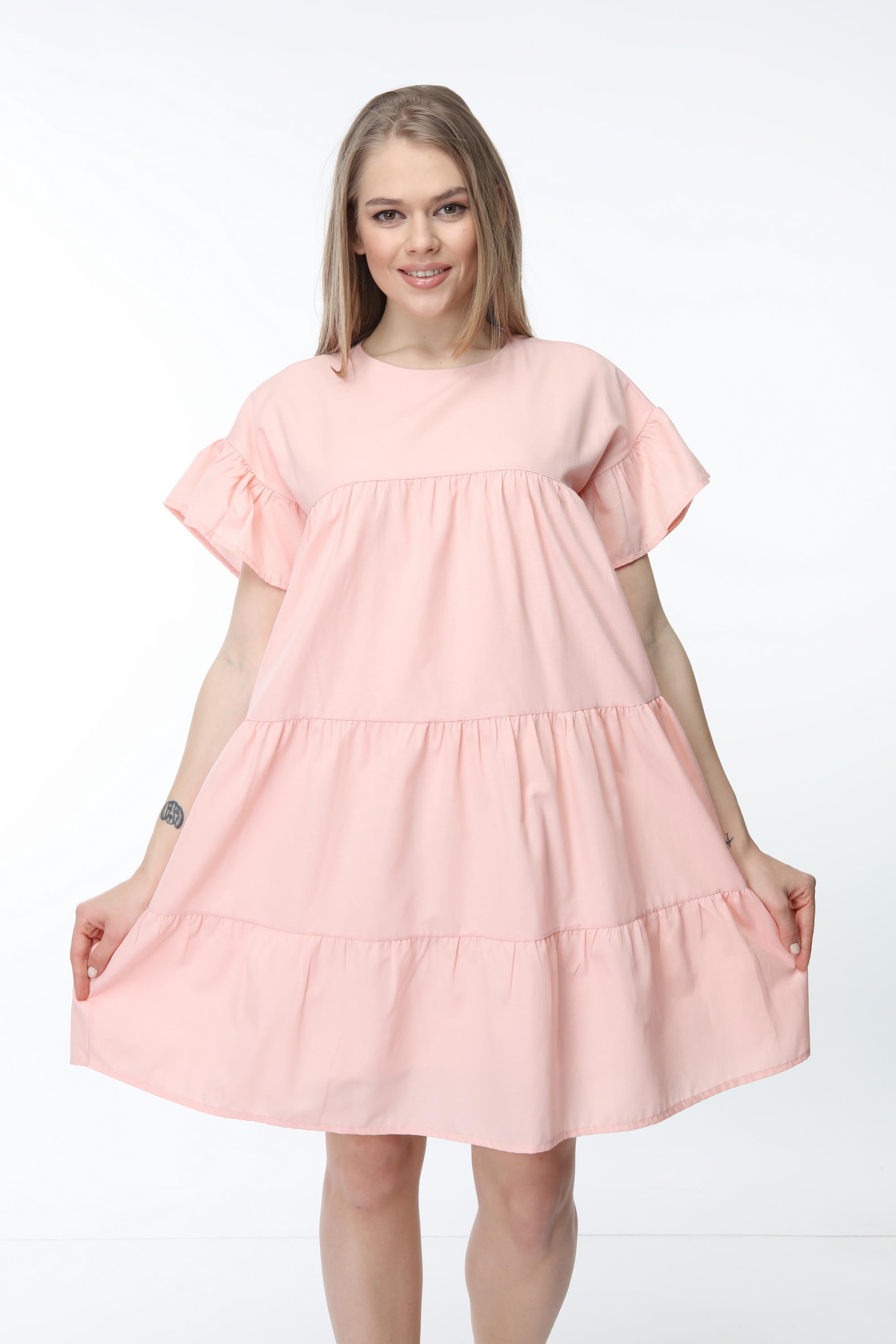 Salmon Crew Neck Sleeve Gathered Dress