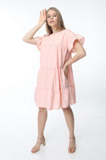 Load image into Gallery viewer, Salmon Crew Neck Sleeve Gathered Dress
