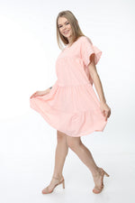 Load image into Gallery viewer, Salmon Crew Neck Sleeve Gathered Dress
