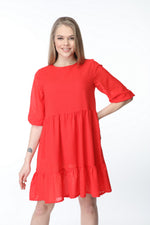 Load image into Gallery viewer, Red Crew Neck Gathered Hem Dress
