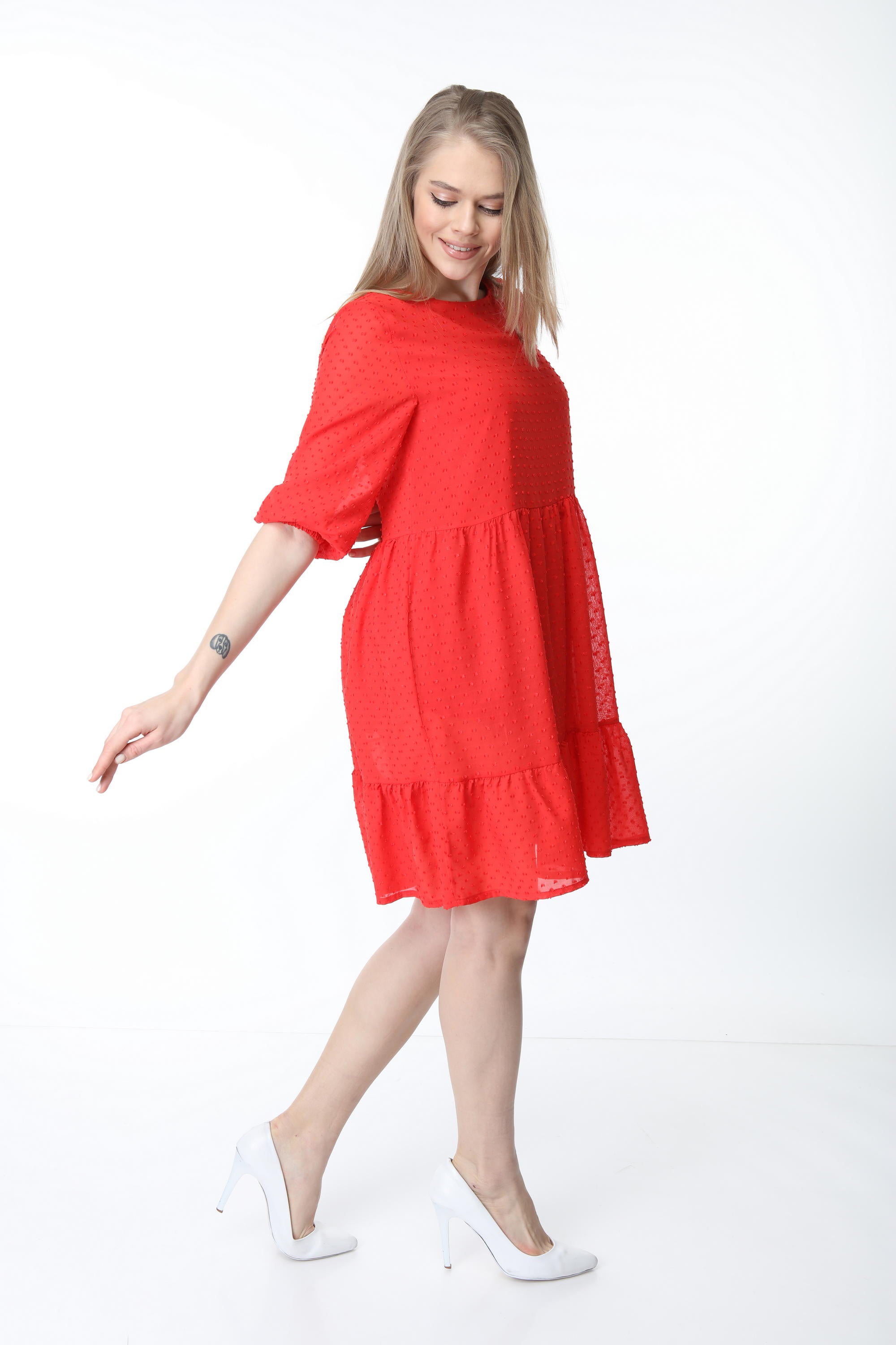 Red Crew Neck Gathered Hem Dress