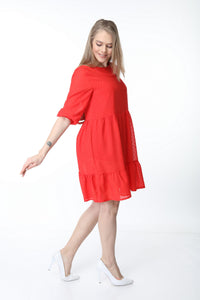 Red Crew Neck Gathered Hem Dress