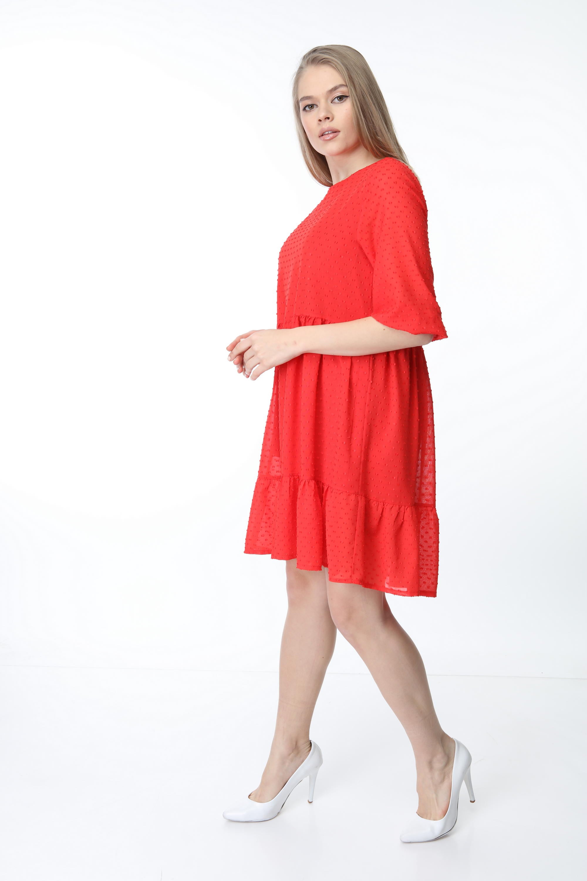 Red Crew Neck Gathered Hem Dress