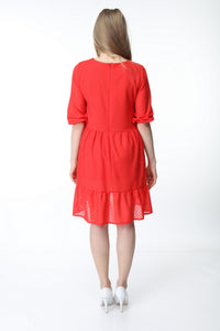 Red Crew Neck Gathered Hem Dress