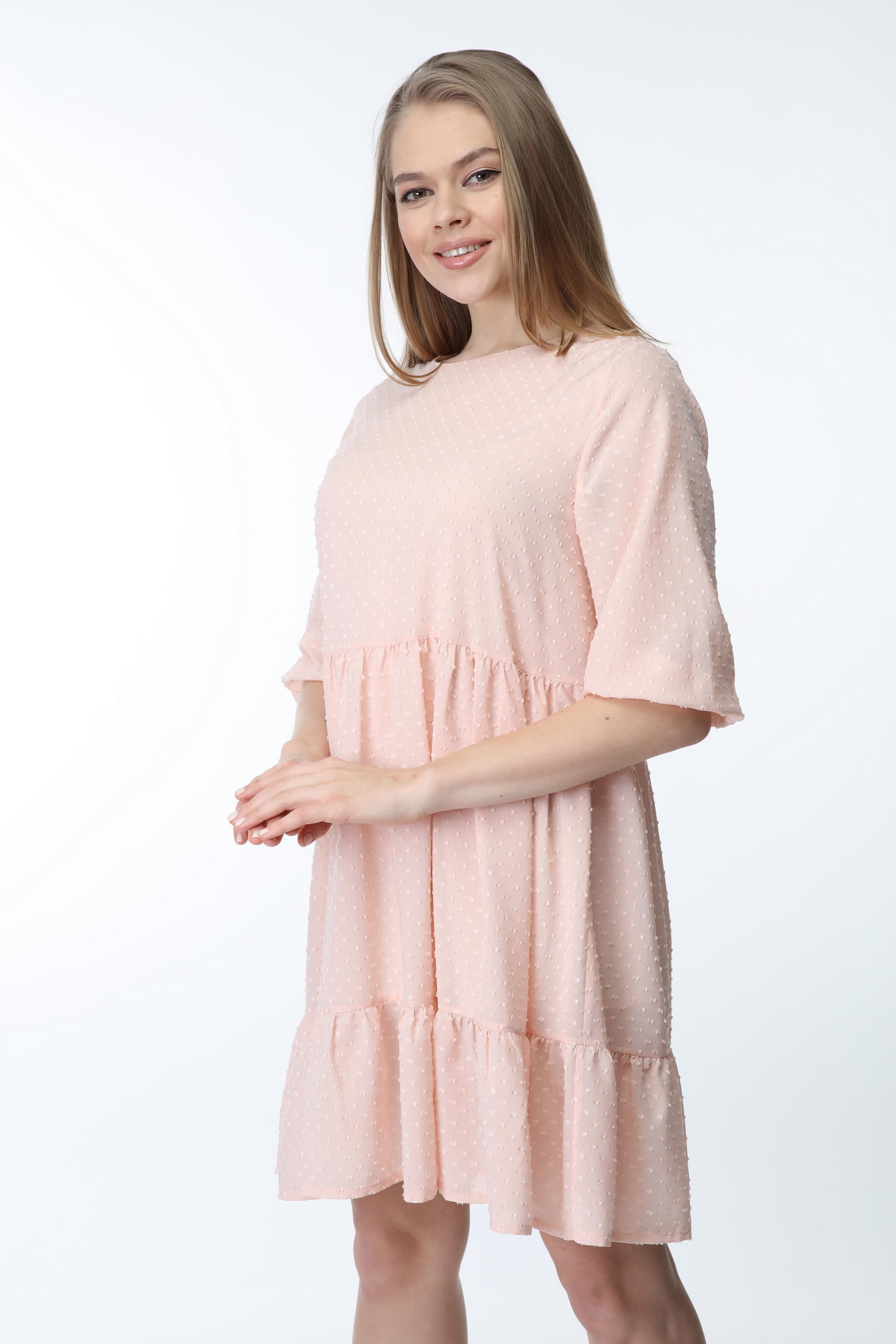 Powder Crew Neck Gathered Hem Dress