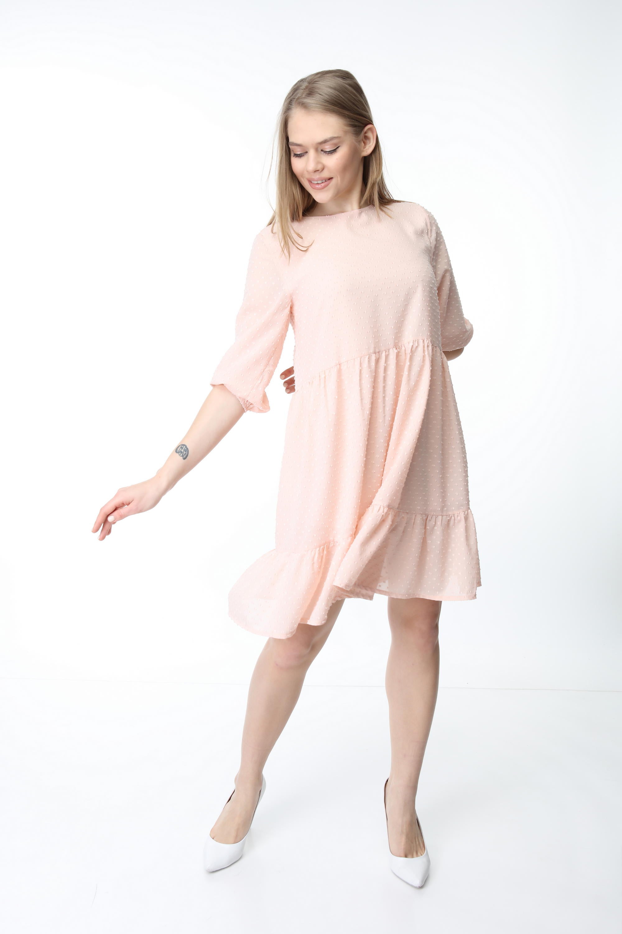 Powder Crew Neck Gathered Hem Dress