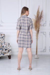 Beige Plaid Button Dress