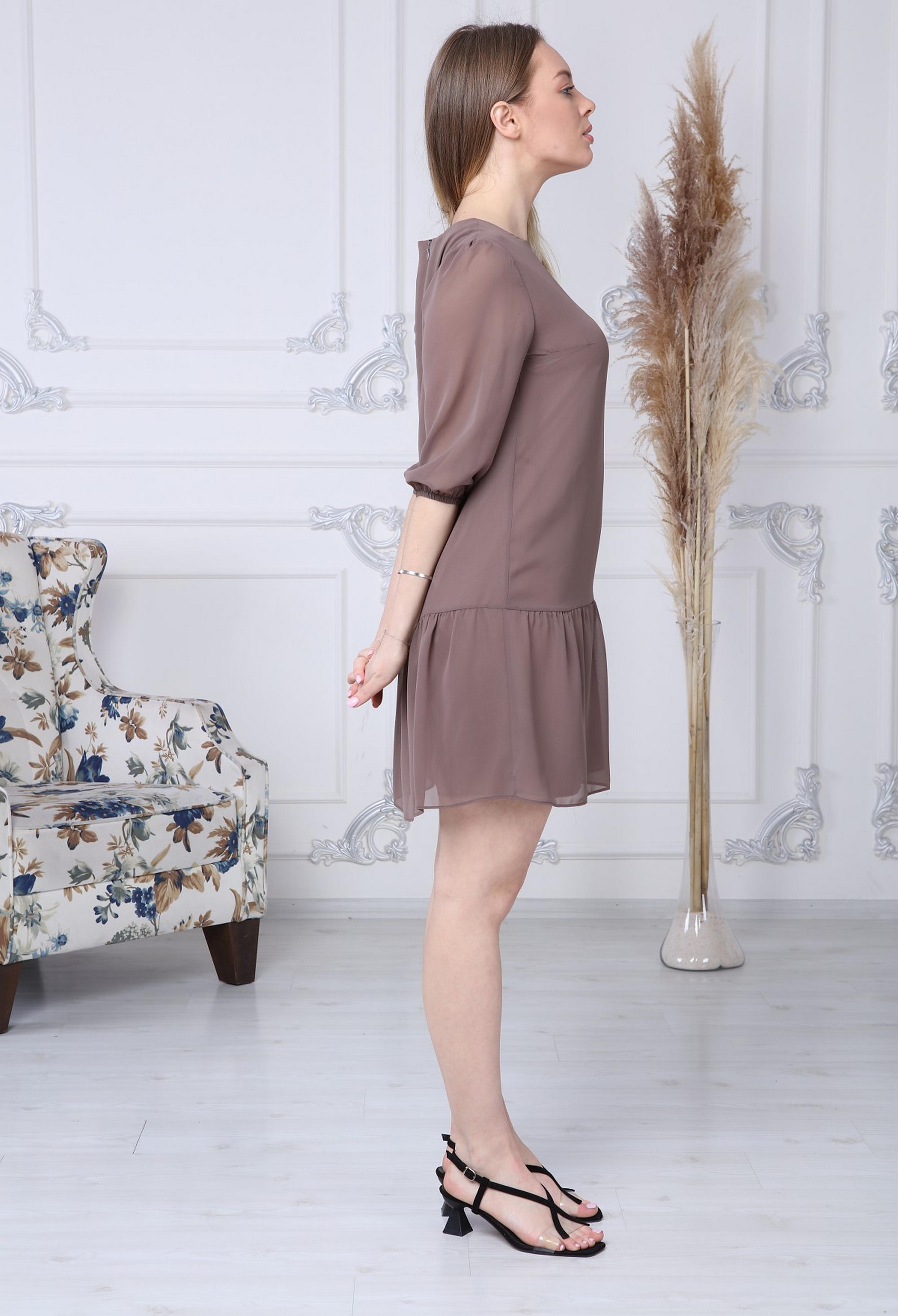 Brown Chiffon Dress with Gathered Hem