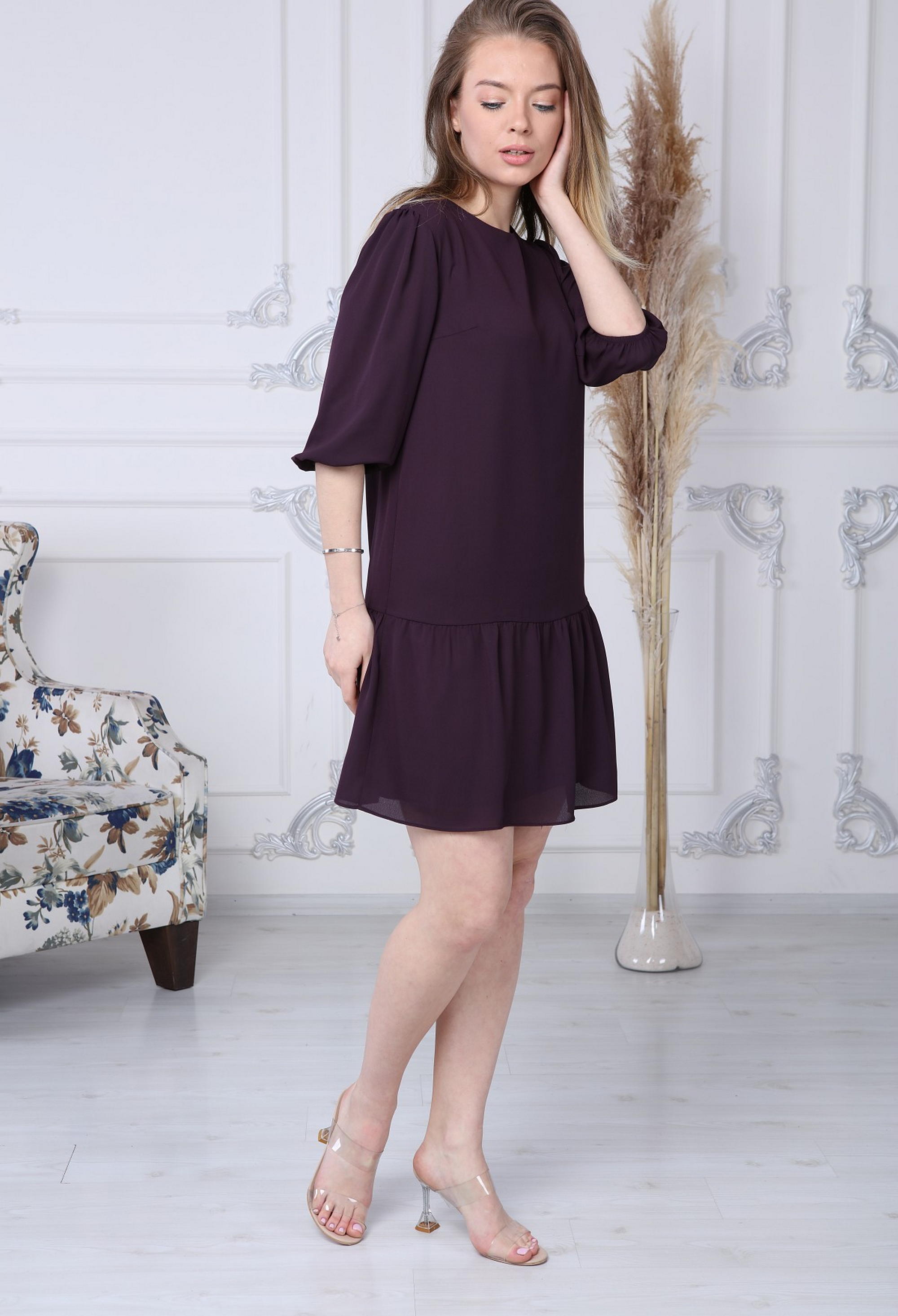 Plum Chiffon Dress with Gathered Hem