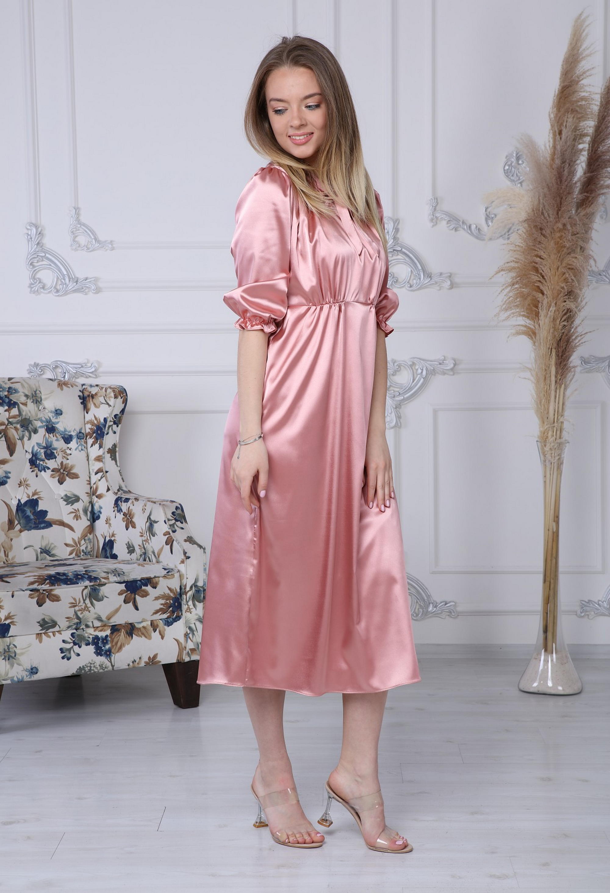 Pink Satin Dress with Lace Collar