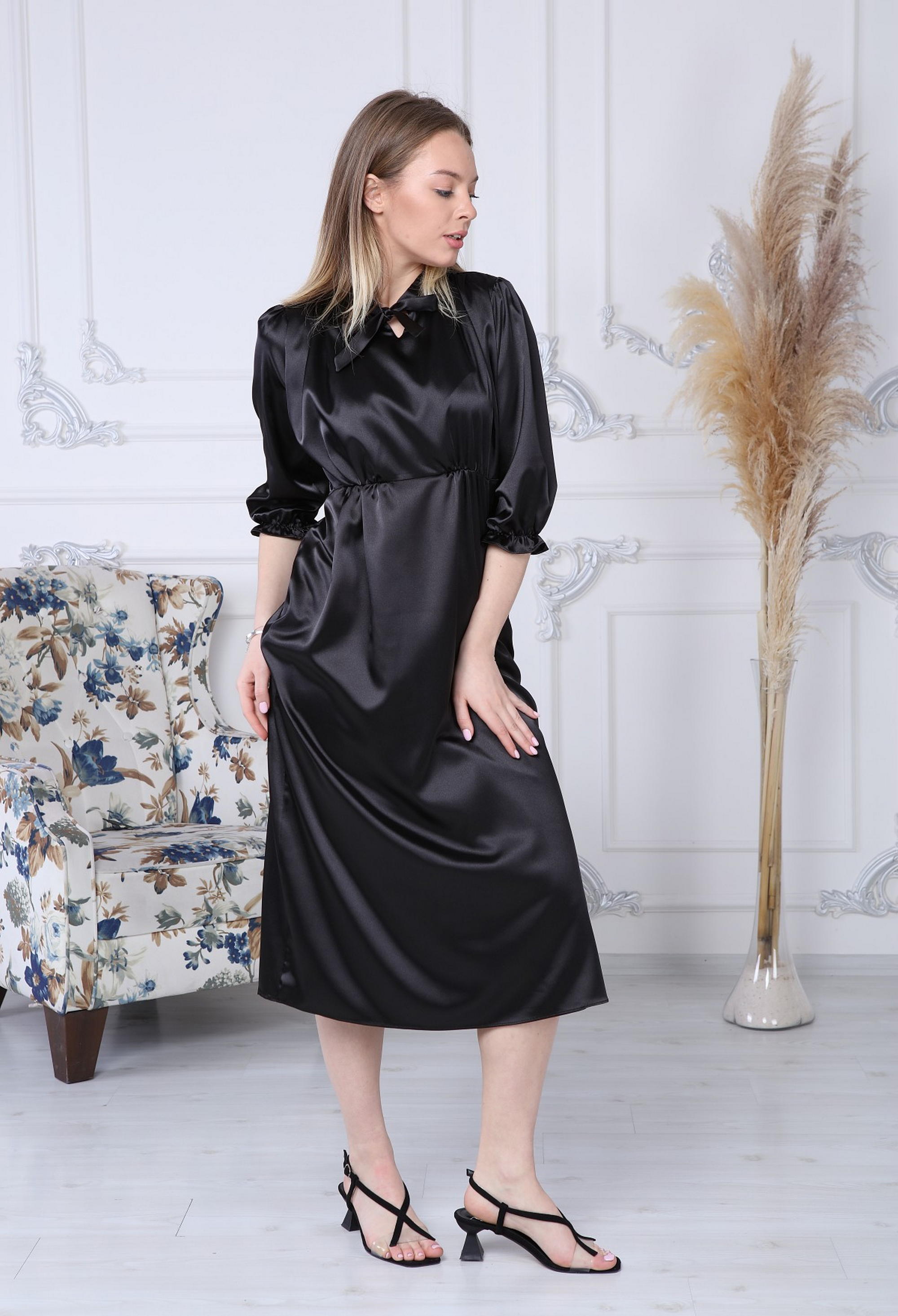 Black Satin Dress with Lace Collar