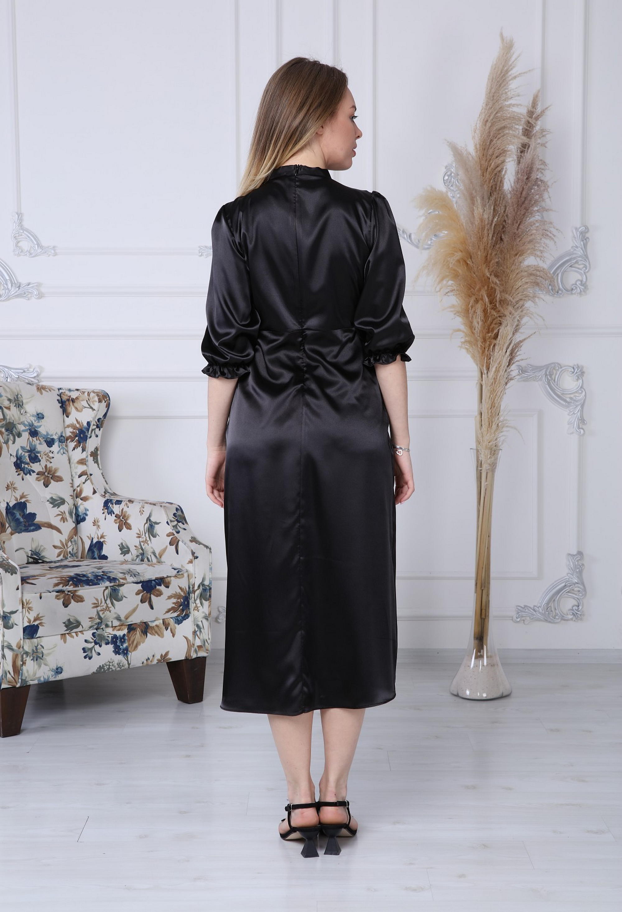 Black Satin Dress with Lace Collar