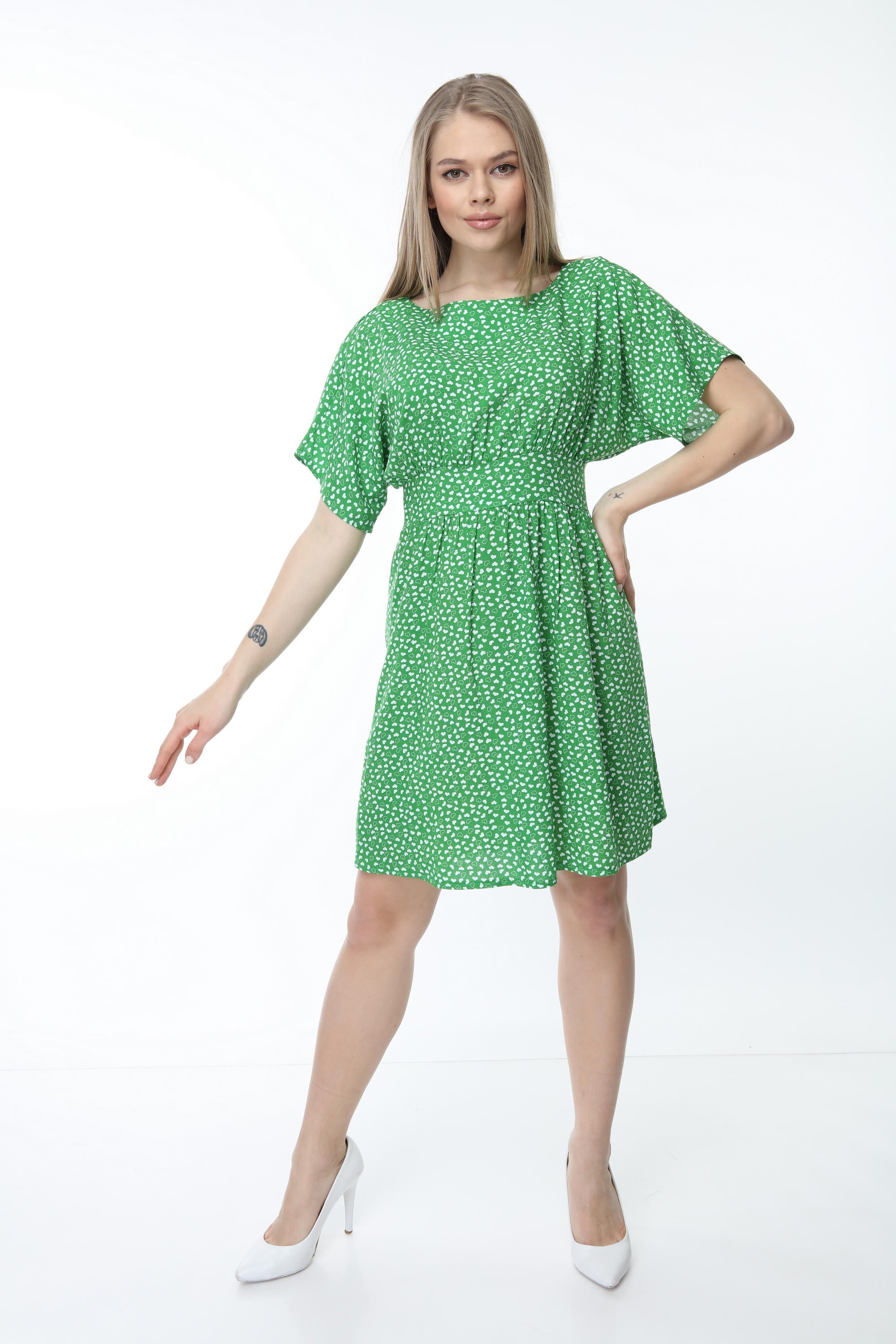 Green Waisted Patterned Dress with Bodice