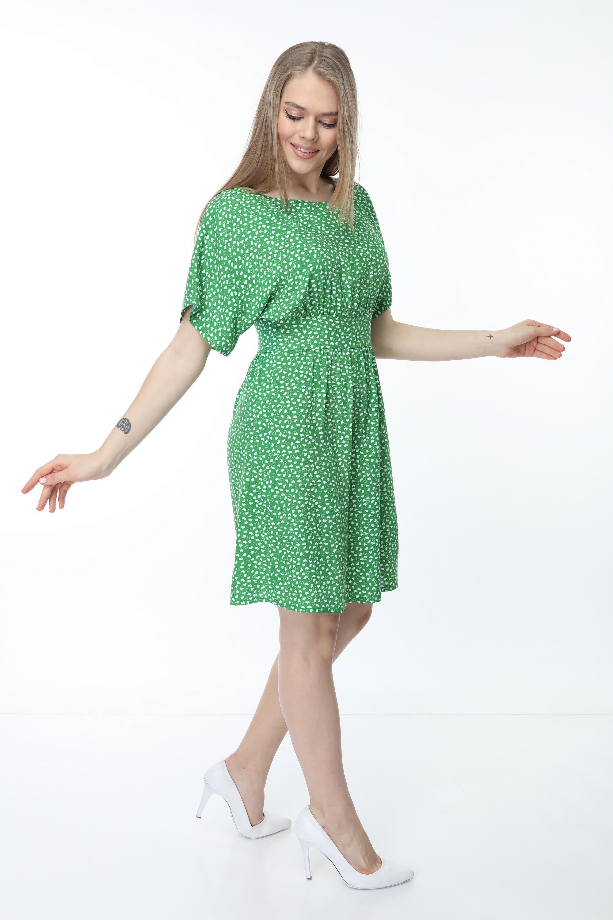 Green Waisted Patterned Dress with Bodice