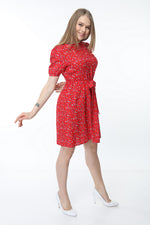 Load image into Gallery viewer, Red Waist Belted Patterned Dress
