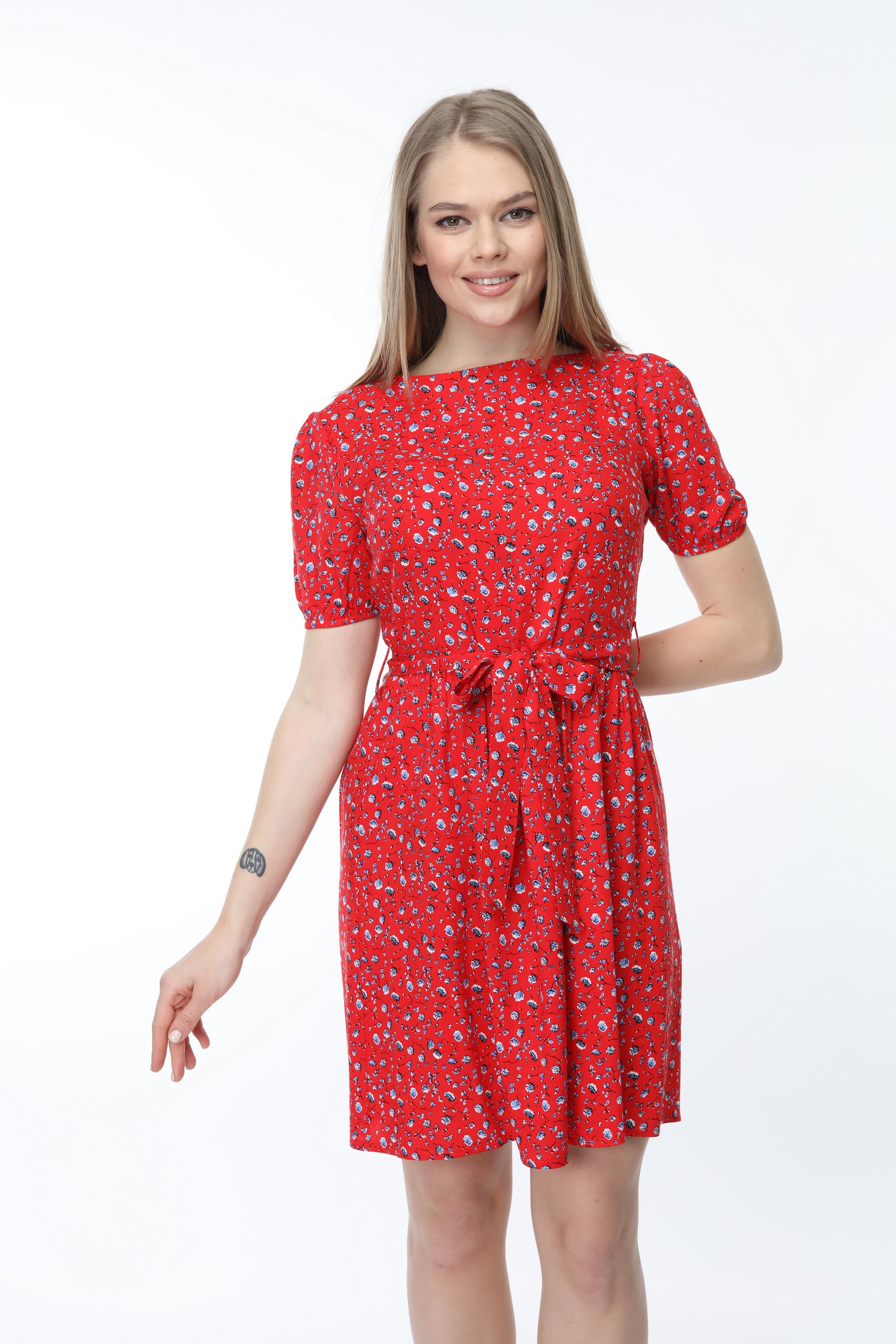 Red Waist Belted Patterned Dress