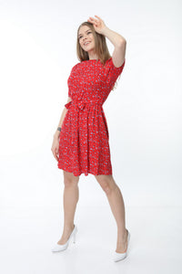 Red Waist Belted Patterned Dress