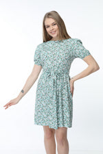 Load image into Gallery viewer, Green Waist Belted Patterned Dress
