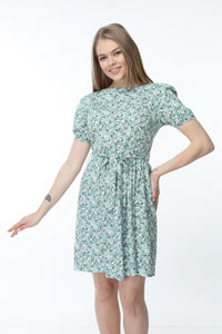 Green Waist Belted Patterned Dress