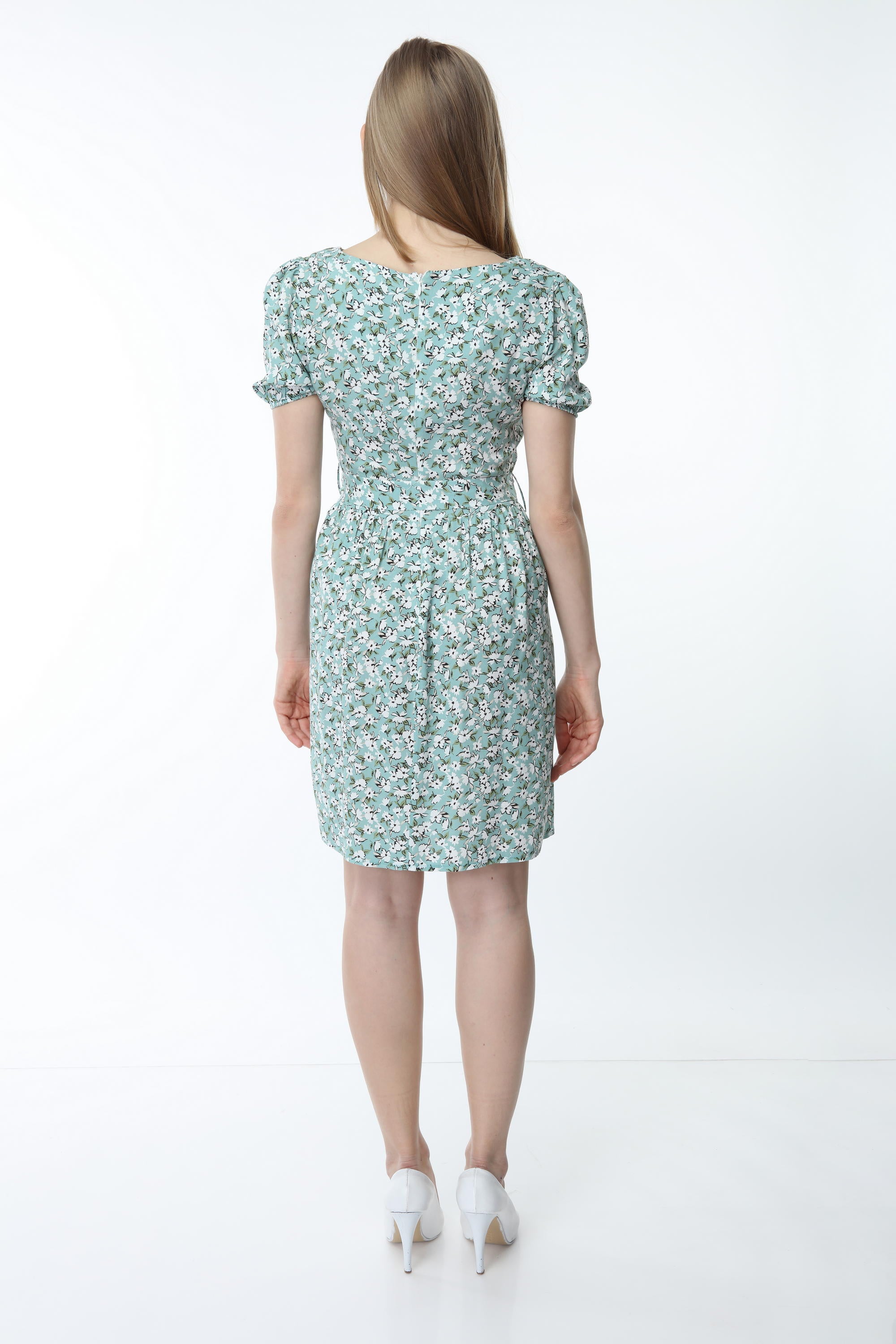 Green Waist Belted Patterned Dress