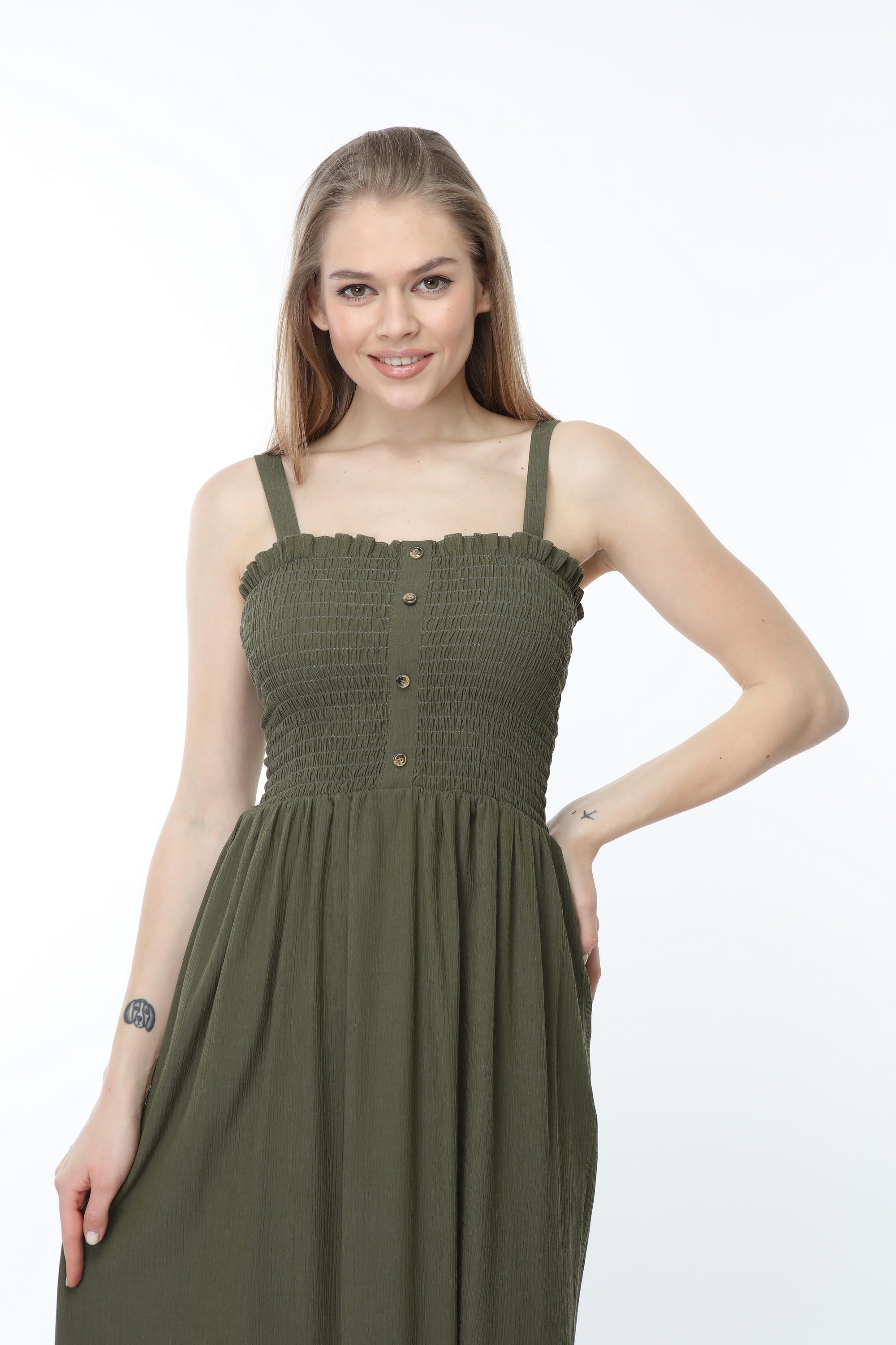 Khaki Strappy Gipe Detailed Dress