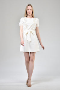 Ecru Embroidered Belted Dress