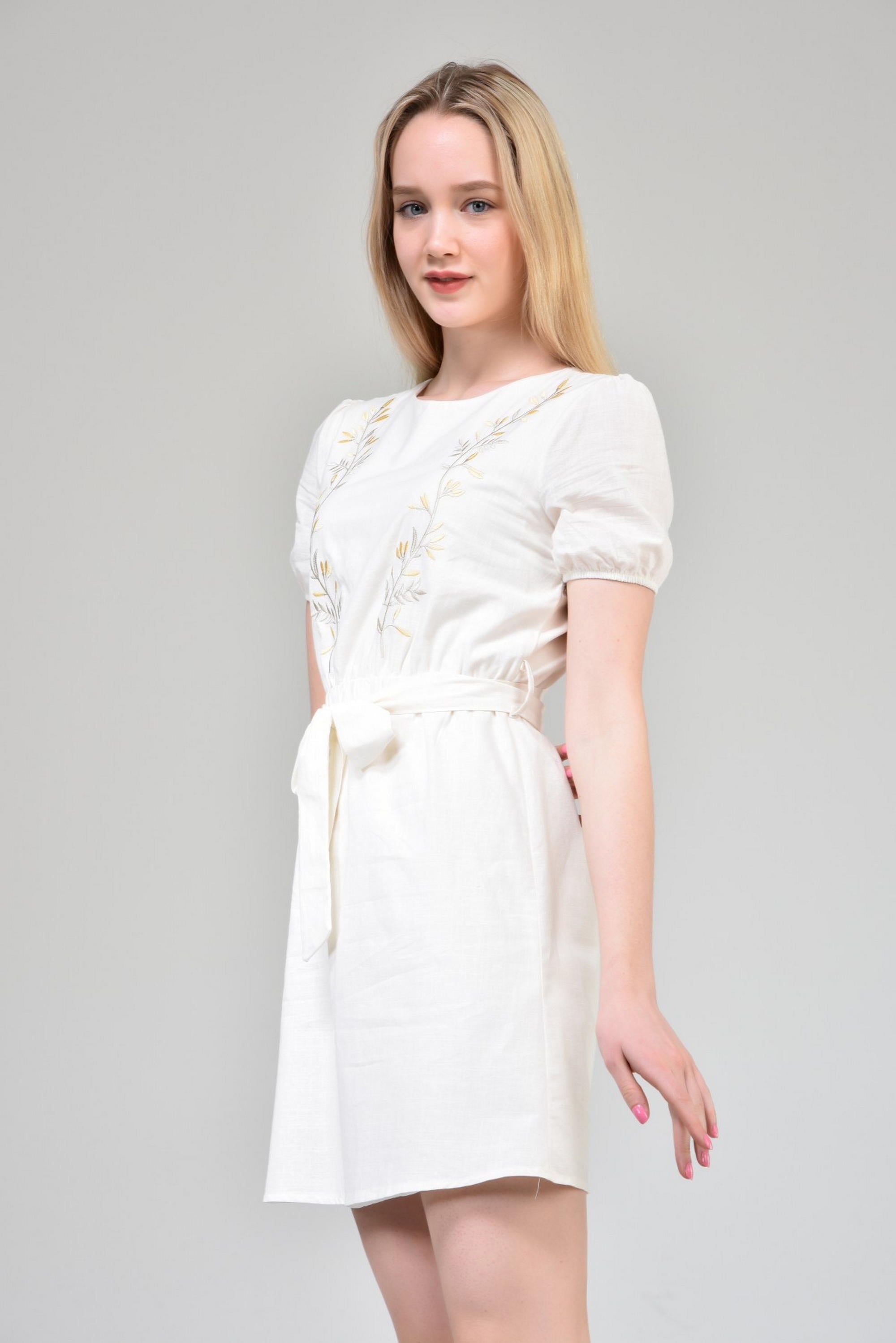 Ecru Embroidered Belted Dress