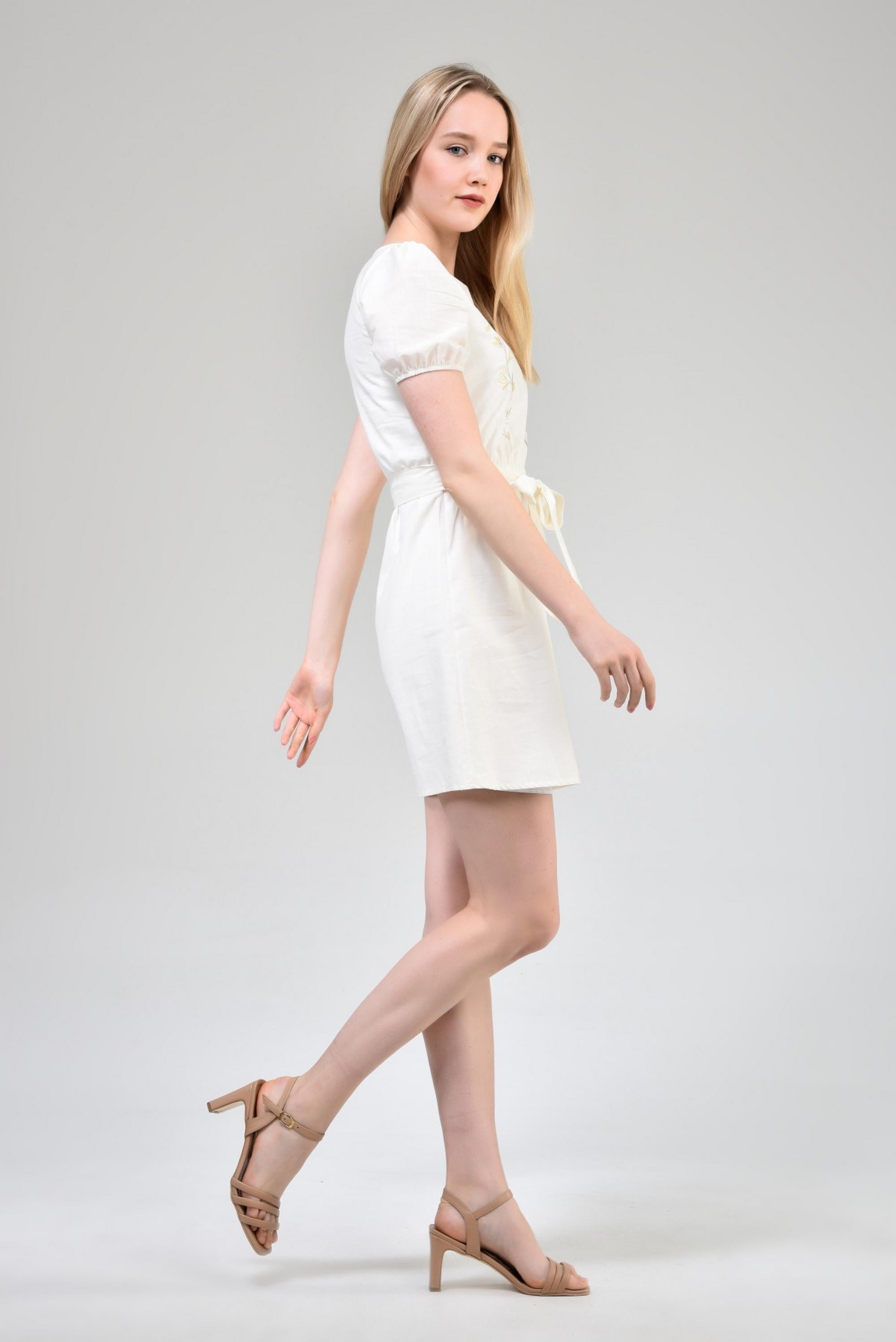 Ecru Embroidered Belted Dress