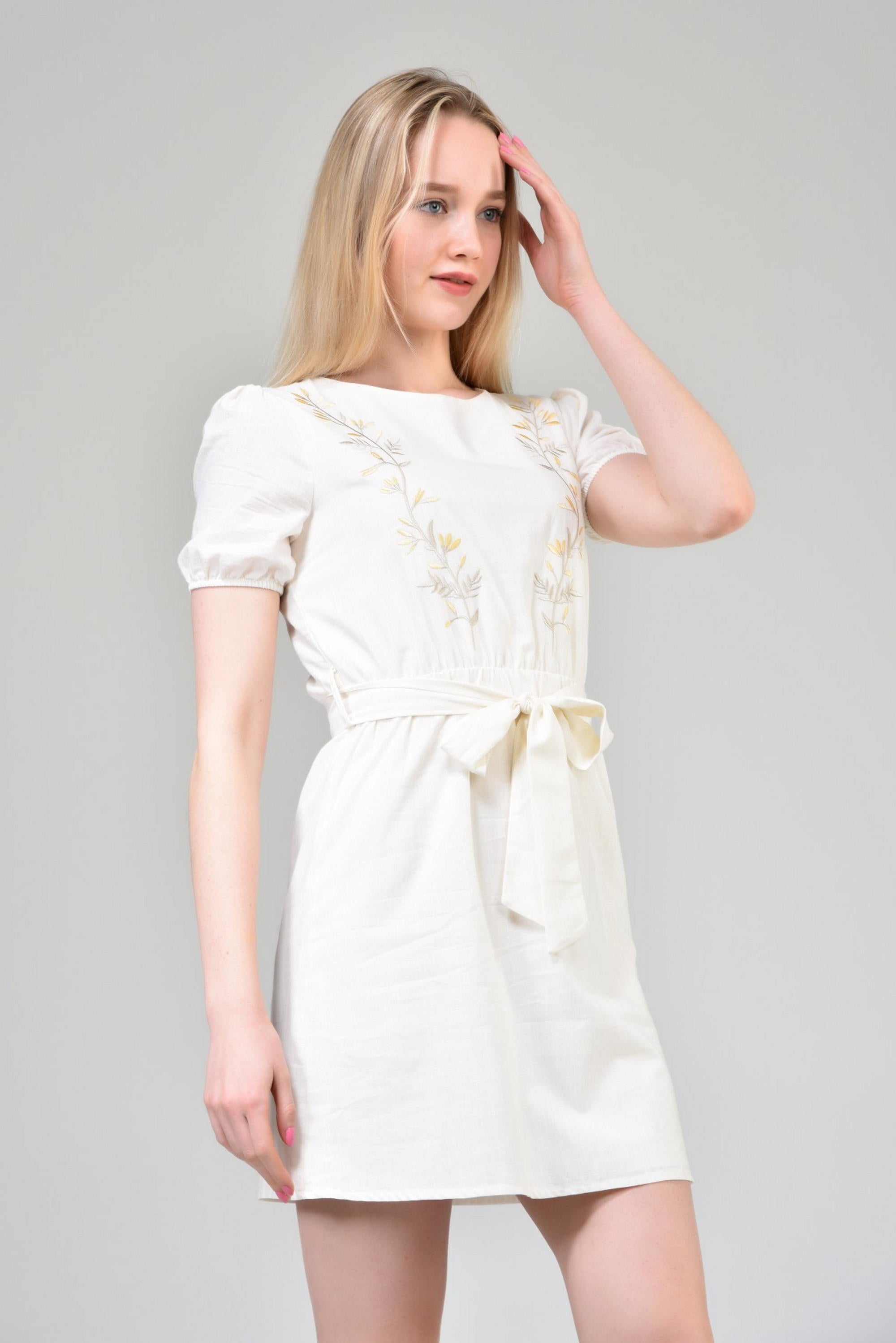 Ecru Embroidered Belted Dress