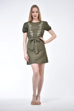 Load image into Gallery viewer, Khaki Embroidered Belted Dress 
