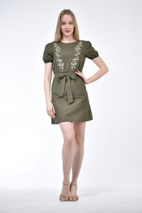 Khaki Embroidered Belted Dress 