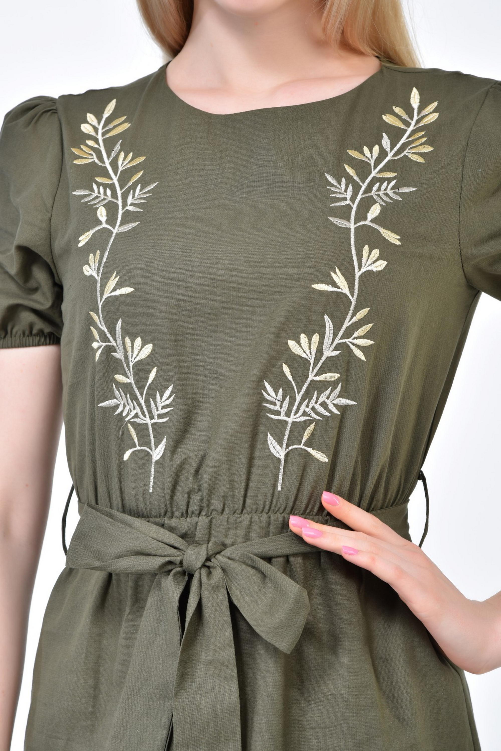 Khaki Embroidered Belted Dress 