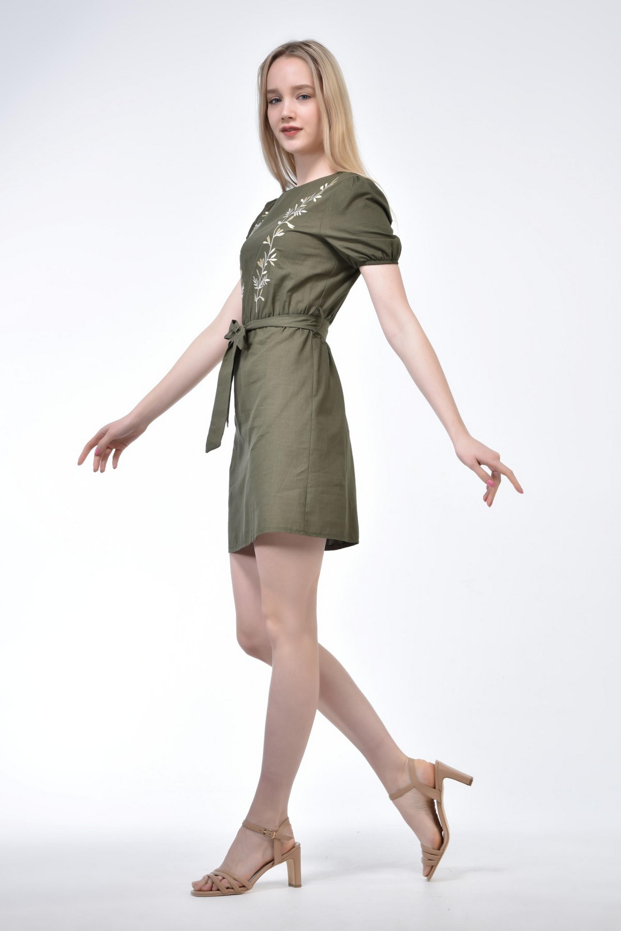 Khaki Embroidered Belted Dress 