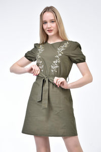 Khaki Embroidered Belted Dress 