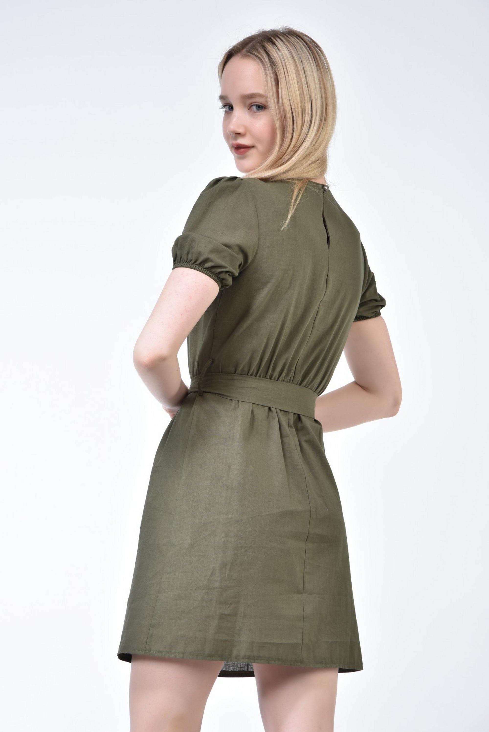 Khaki Embroidered Belted Dress 