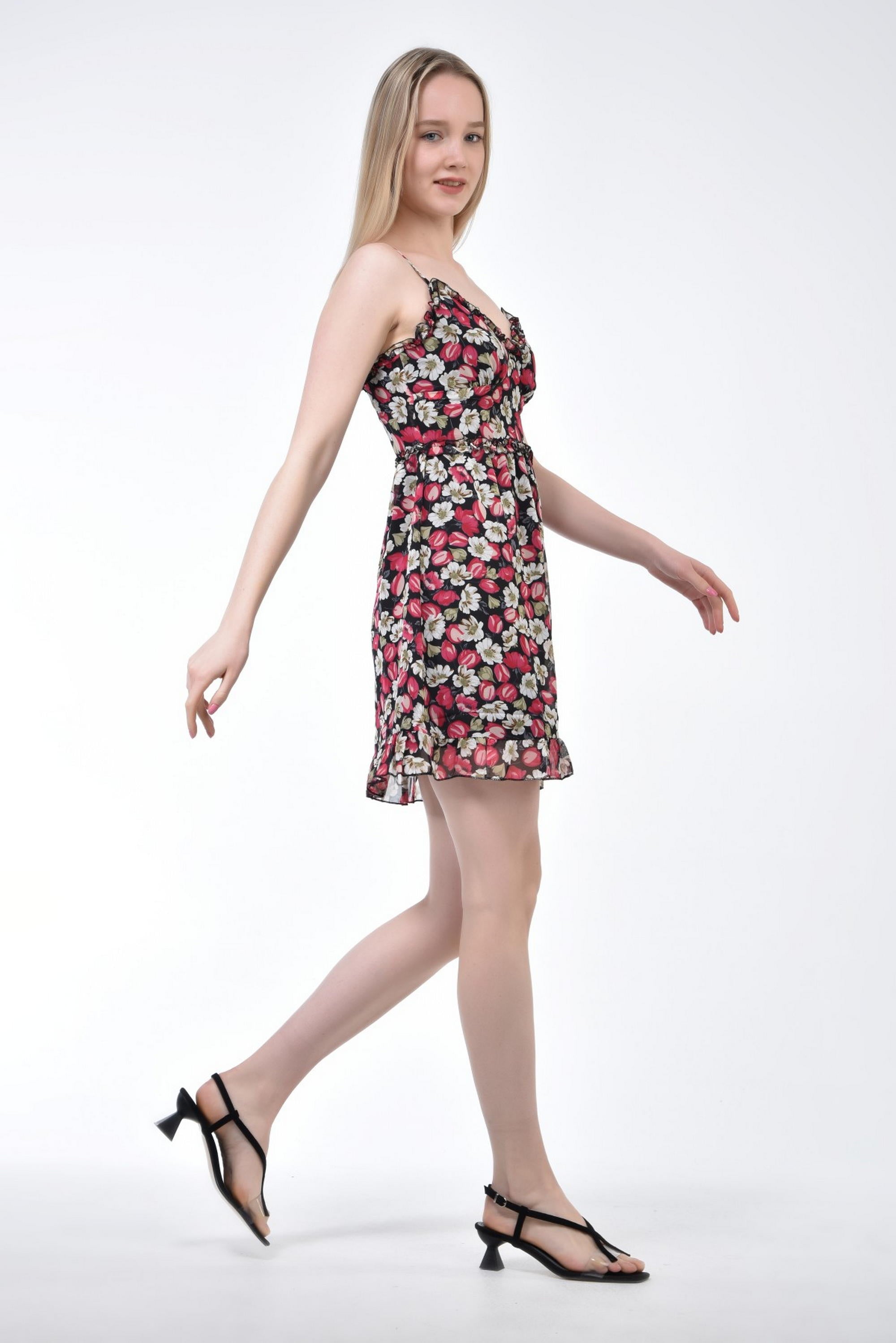 Multicolored Floral Frilly Collar Strap Dress