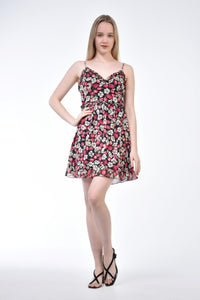 Multicolored Floral Frilly Collar Strap Dress