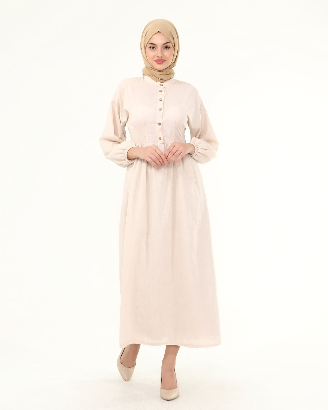 Beige Collar Balloon Sleeves Buttoned Hijab Dress