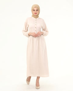 Beige Collar Balloon Sleeves Buttoned Hijab Dress