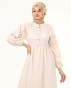 Beige Collar Balloon Sleeves Buttoned Hijab Dress