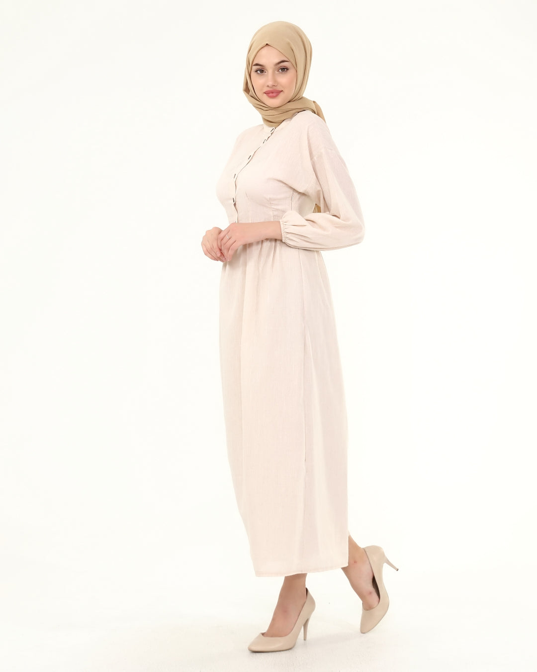 Beige Collar Balloon Sleeves Buttoned Hijab Dress